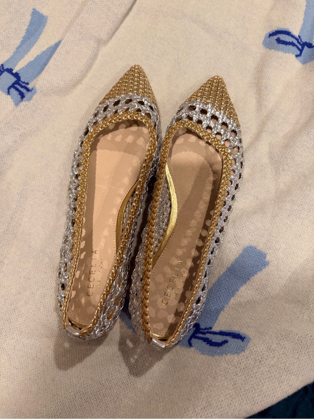 CECELIA NEW YORK Gold and Silver Woven Pointed-Toe Flats - never worn